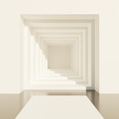 Cubic entrance tunnel with podium. White background square 3d illustration