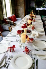 a table in a restaurant set with plates, cutlery and cloth napkins, decorated with macaroon boxes, candles and flasks with red roses
