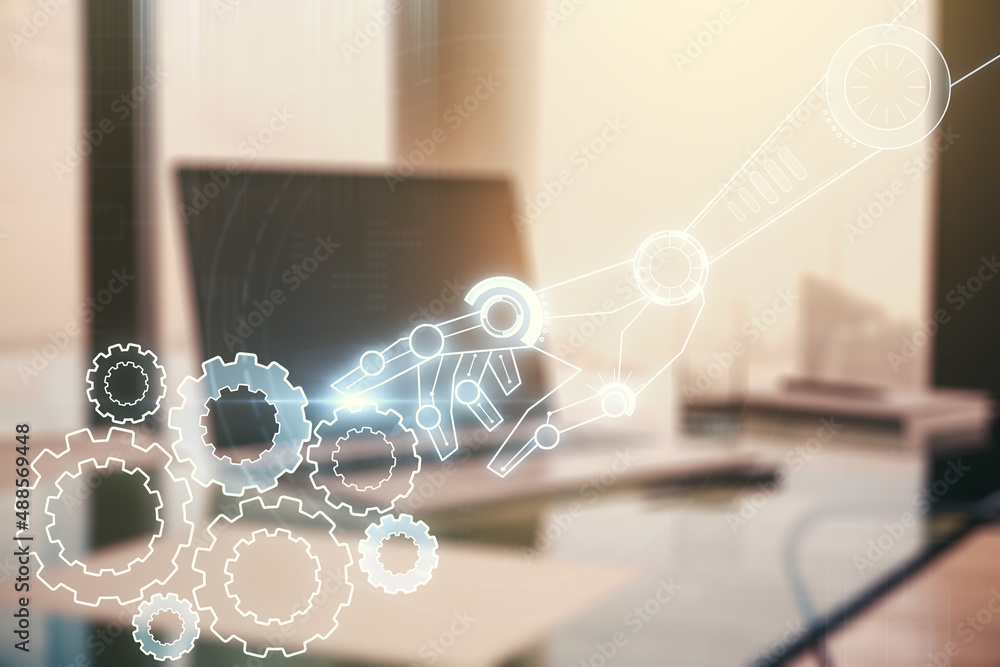 Poster creative abstract robotics technology hologram on modern computer background, artificial intelligenc