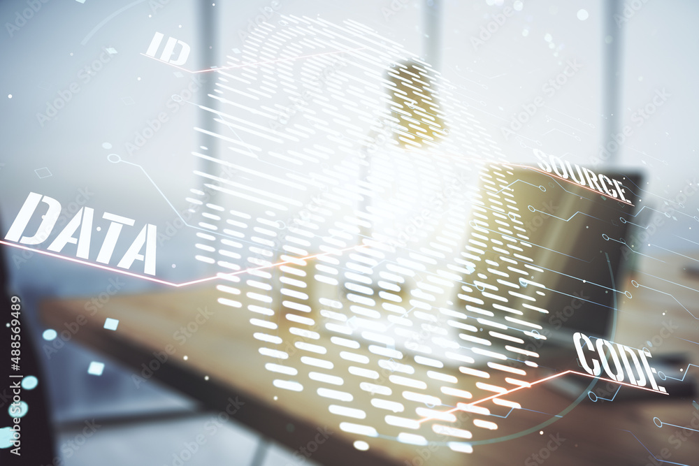 Poster multi exposure of abstract fingerprint scan interface on computer background, digital access concept