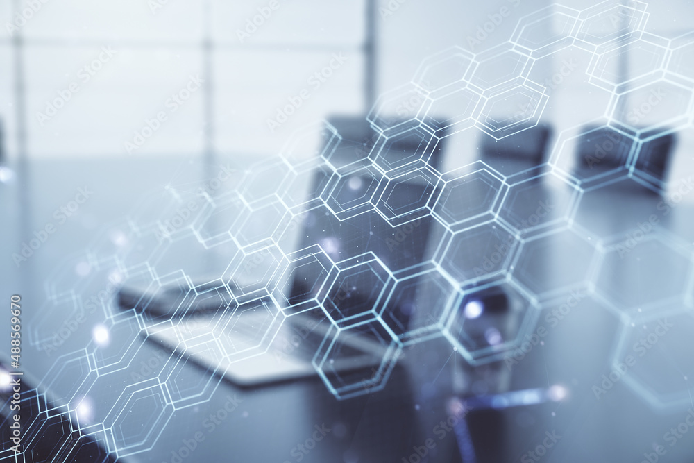 Poster double exposure of technology hologram with hexagon on laptop background. research and development s
