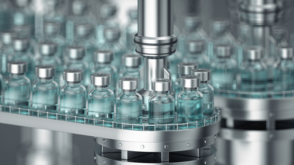 3d render. Pharmaceutical manufacture background with glass bottles with clear liquid on automatic conveyor line. COVID-19 mRNA vaccine production platform. - obrazy, fototapety, plakaty