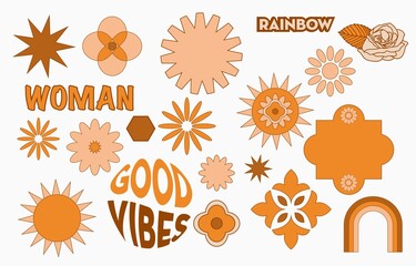 Collection of hippie design with orange flower,sun,rainbow