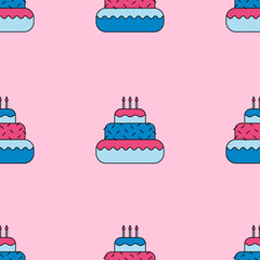 Seamless pattern with brightly colored cakes. Pink and blue cakes with candles on a pink background. Printable print on packaging, fabric, wallpaper, paper for birthday parties. Flat style.