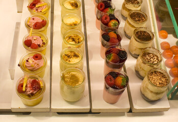 Traditional dessert for sale at showcase in Madrid, Spain