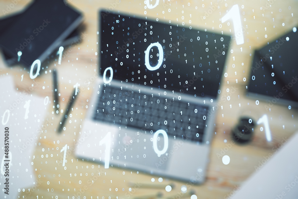 Poster creative concept of binary code illustration on modern laptop background. big data and coding concep
