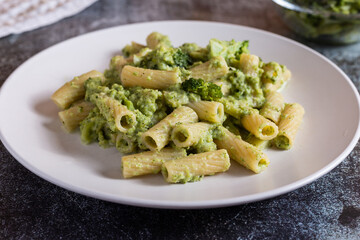 Creamy macaroni pasta with cheese and broccoli. Quick and easy vegetarian recipe.