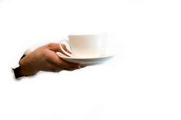 Hand holding a Coffee cup isolated on white background.