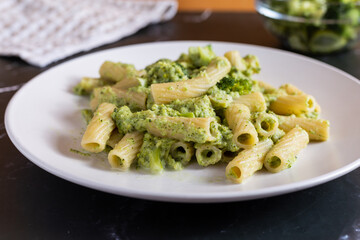 Creamy macaroni pasta with cheese and broccoli. Quick and easy vegetarian recipe.
