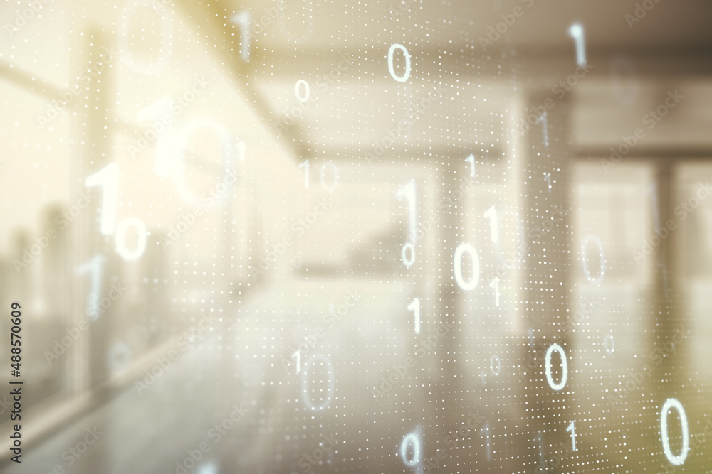 Poster abstract virtual binary code hologram on abstract empty interior background, ai and machine learning