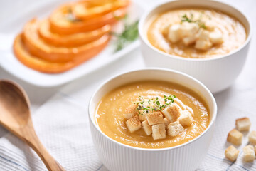 Pumpkin soup puree with croutons. Close-up.