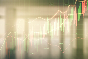 Abstract virtual financial graph hologram on modern interior background, financial and trading concept. Multiexposure