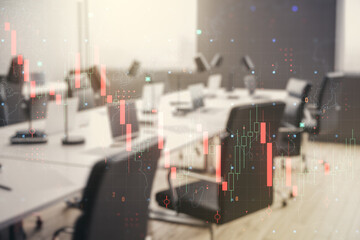 Double exposure of abstract virtual global crisis chart and world map hologram on modern corporate office background. Financial crisis and recession concept
