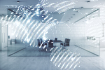Double exposure of abstract digital world map hologram with connections on modern corporate office background, research and strategy concept