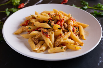 Penne with tuna and peppers. Easy and quick recipe typical of Mediterranean cuisine
