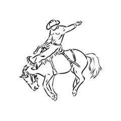 vector image of a cowboy on a wild horse mustang decorating it at a rodeo in the style of art sketches