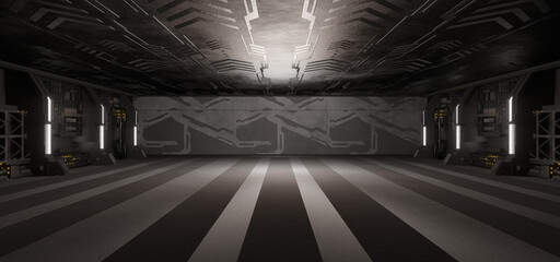 Robotic SciFi Empty Hallway Corridor Room Garage Studio Dance Glowing Dark Grey Colors Modern Background Future Concept Art 3D Rendering © lumerb