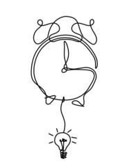 Abstract clock with light bulb as line drawing on white background. Vector