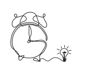 Abstract clock with light bulb as line drawing on white background. Vector