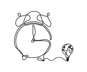 Abstract clock with globe light bulb as line drawing on white background. Vector