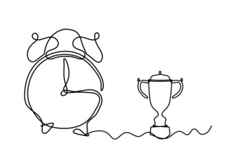 Abstract clock with trophy as line drawing on white background. Vector