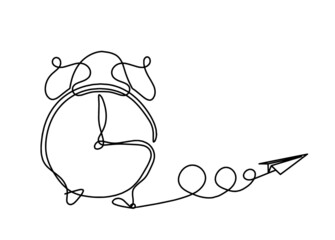 Abstract clock with paper plane as line drawing on white background. Vector