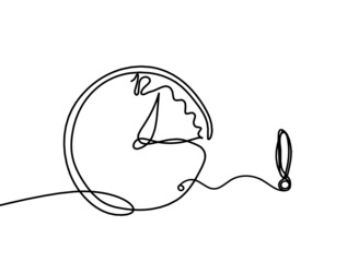Abstract clock with exclamation mark as line drawing on white background