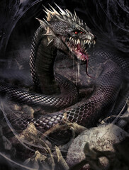 A creepy black mutant snake with six red eyes, a slobbery, disgusting mouth with a hundred sharp curved fangs, it crawls along a dark tunnel strewn with bones and splattered with slime 2d art - obrazy, fototapety, plakaty