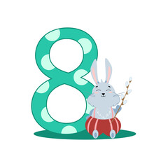 number eight and a gray easter bunny sitting with a willow twig