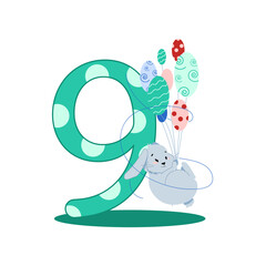 number nine and gray easter bunny with balloons