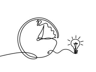 Abstract clock with light bulb as line drawing on white background. Vector