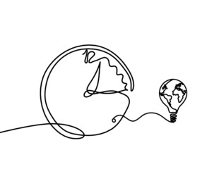 Abstract clock with globe light bulb as line drawing on white background. Vector