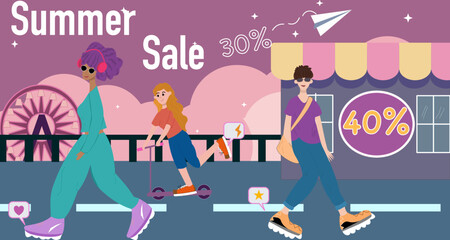 colorful banner for summer sale with young people walking along the waterfront