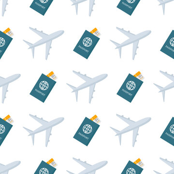 Airplane and passport pattern on white background