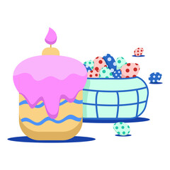 green basket with colored Easter eggs and Easter cake and a candle