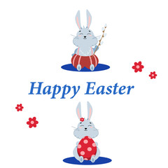happy easter lettering with two easter bunnies and flowers