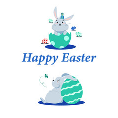 happy easter lettering with two easter hares and green eggs