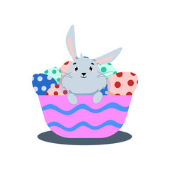 gray easter bunny sits in a basket with colored eggs