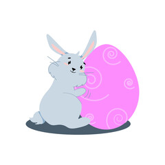 gray easter bunny sits hugging an egg