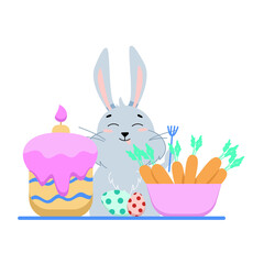 gray easter bunny with Easter cake and orange carrot
