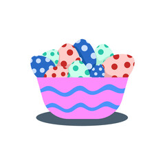 pink basket with colored easter eggs