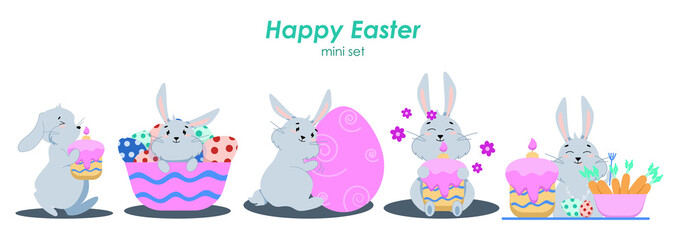 set of easter bunnies and eggs, Easter cake and carrots