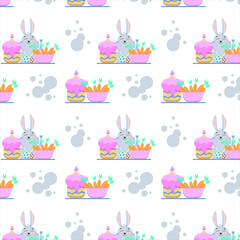 seamless pattern of gray bunnies with a cupcake and a bowl of carrots