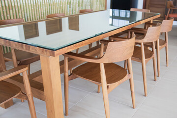 Wooden furniture, dining table, home interior.