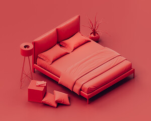 Isometric red color bedroom with red bed. Monochrome single color bedroom with nightstand and floor lamp  in red background, flat style bedroom, 3d Rendering
