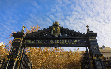 Entrance gate of National Library of Spain in Madrid