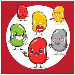 Illustration vector cartoon character red bean, mung bean, soybean, black bean, cute style, bright