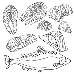 Set of salmon meat pieces isolated on white background. Design element for menu, label, emblem, sign, poster. Vector illustration.