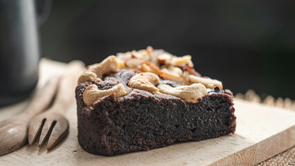ฺBrownie cake ready to eat on the table, Its color is a delicious dark chocolate.