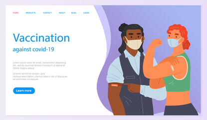 Stop coronavirus agitation concept. Vaccination promo, immunization of workers. Vaccine saves lives. People wearing protective mask showing their arm with bandage after receiving covid-19 vaccine